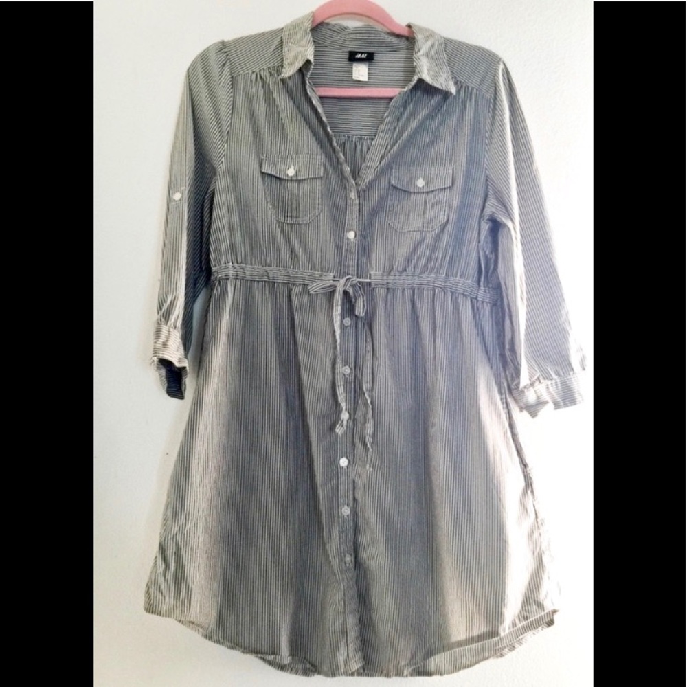 H&M Button Down Gray and White Striped Dress